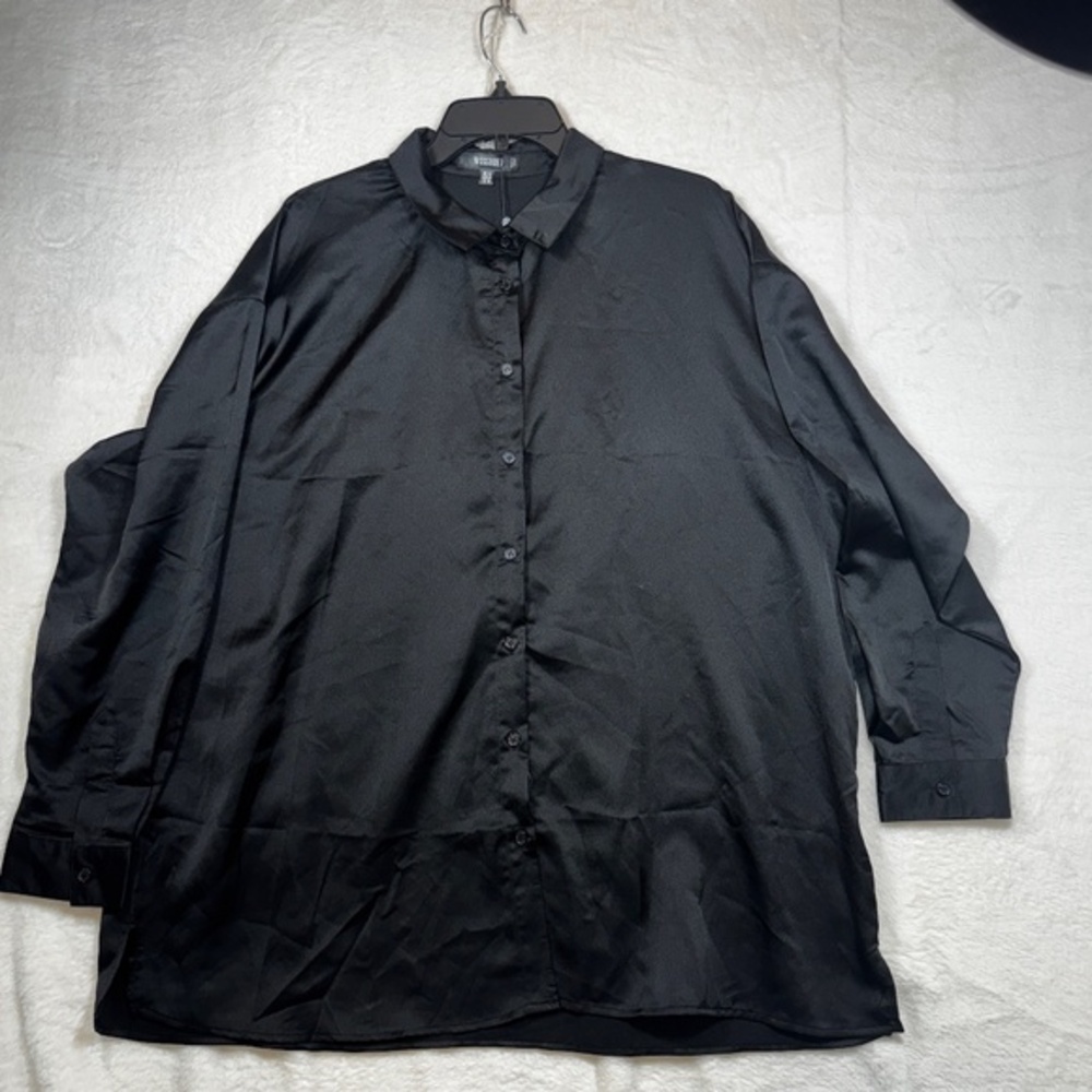 Missguided Blouse Womens Size 10 Black Satin Oversized Button Down Goth